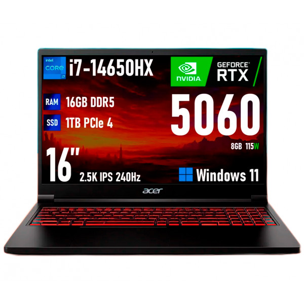Игровой ноутбук Acer Nitro, Core i7-14650HX, RTX5060, 16ГБ/1ТБ, 16" IPS 2.5K 240Hz, Windows 11, RU клавиатура