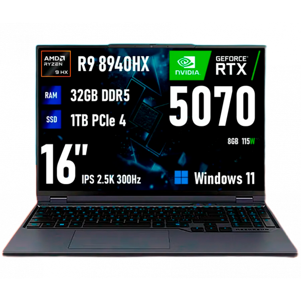 Игровой ноутбук MECHREVO 16 Pro, R9 8940HX, RTX 5070, 32GB/1TB, 16" IPS 2.5K 300Hz, Windows 11, RU клавиатура