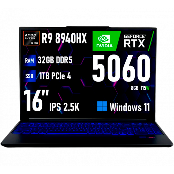 Игровой ноутбук Mechrevo 16 Pro, Ryzen 9 8940HX, RTX 5060, 32GB/1TB, 16" IPS 2.5K 180Hz, Windows 11