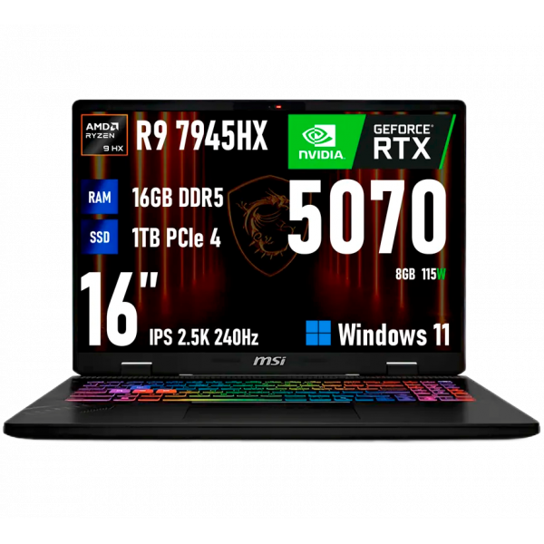 Игровой ноутбук MSI Crosshair 16 HX, R9 7945HX, RTX 5070, 16ГБ/1ТБ, IPS 2.5K 240Hz, Windows 11, русская клавиатура