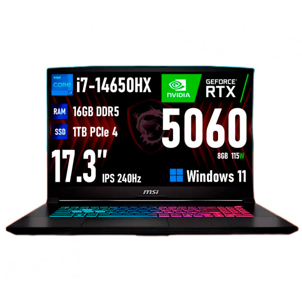Игровой ноутбук MSI Katana 17HX, Core i7-14650HX, RTX 5060, 16ГБ/1ТБ, 17.3" IPS 2.5K 240Hz, Windows 11, RU клавиатура